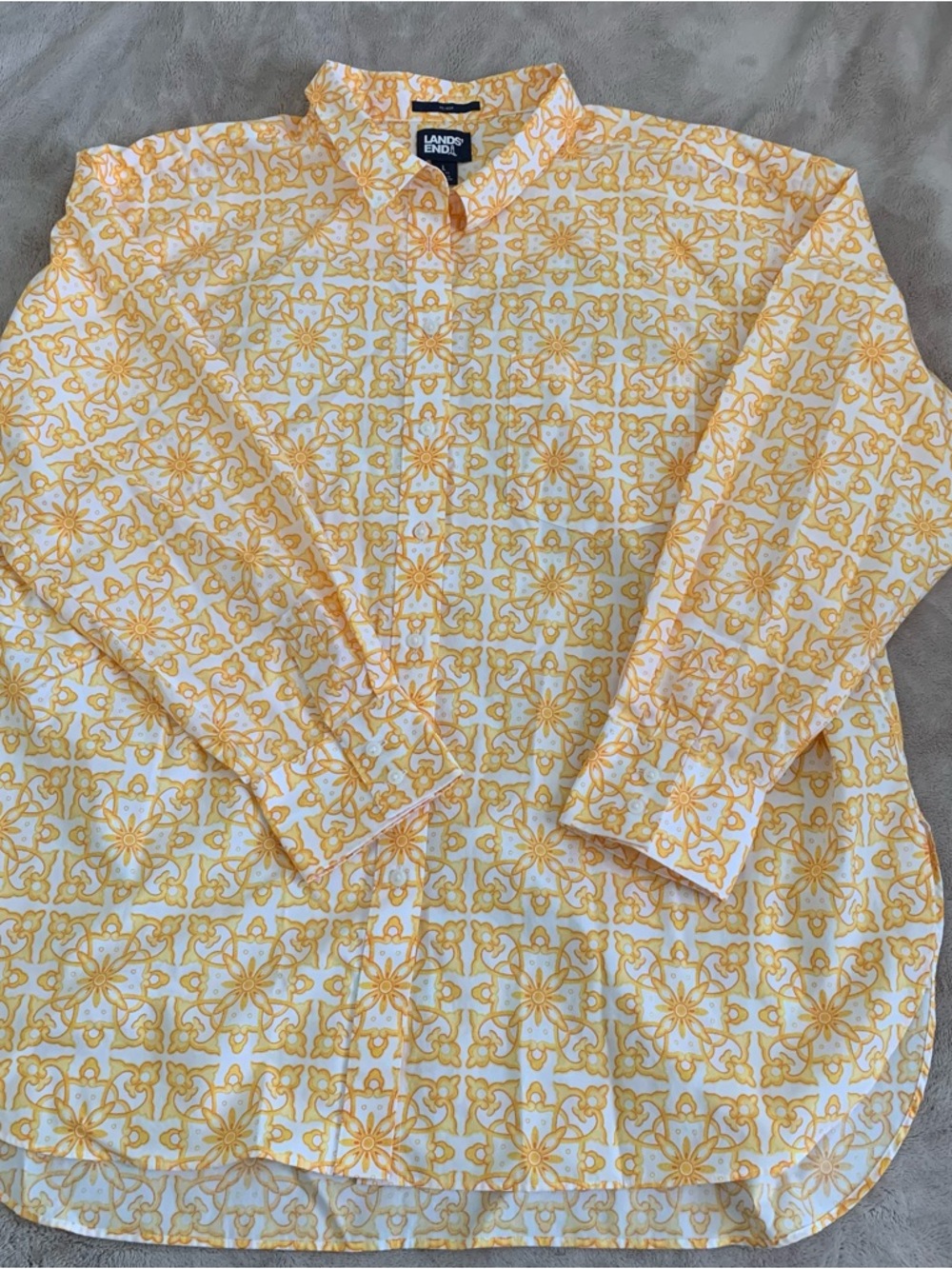 Lands' End Men's White and Yellow Geometric Floral Button-Down Shirt Size Large